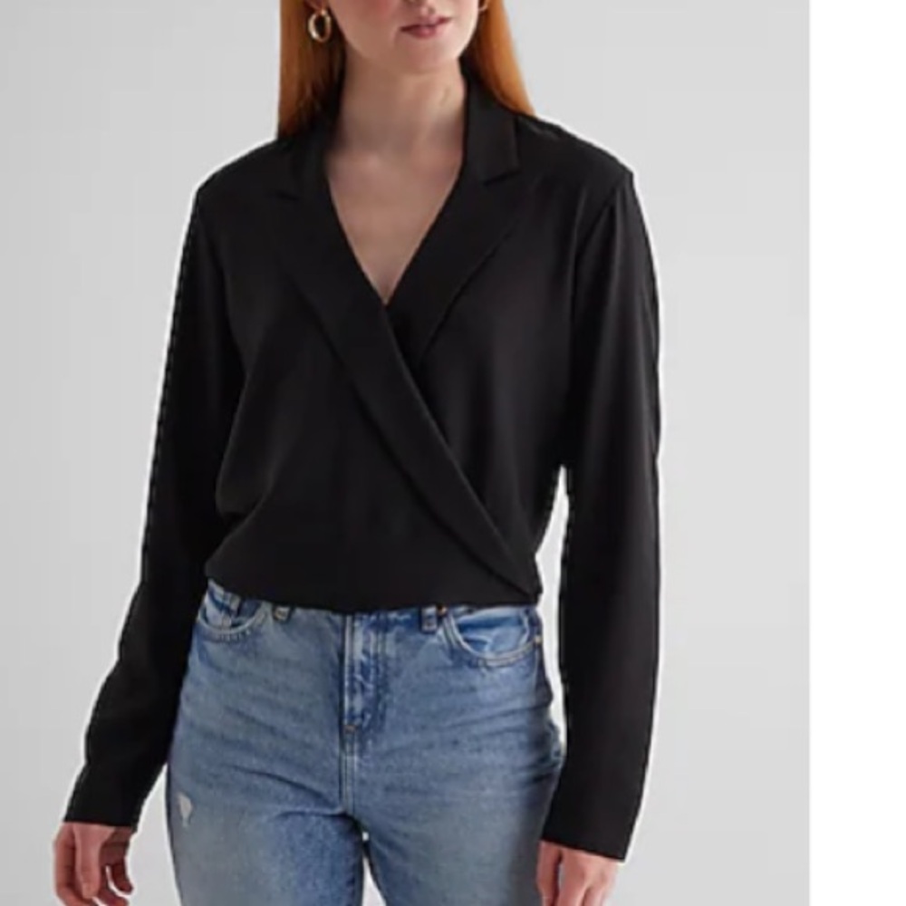 Express Collared V-Neck Long Sleeve Faux Wrap Front Top